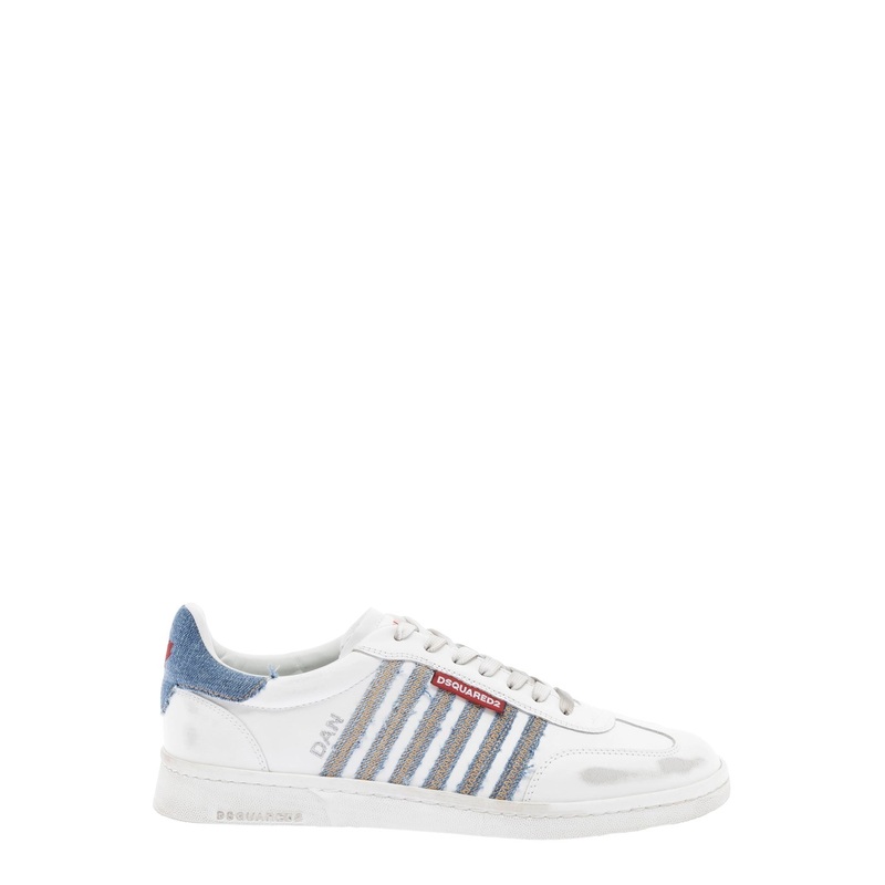 White Low Top Sneakers with Logo Patch on Tongue and Side and Contrasting Heel with Logo in Leather and Cotton Man