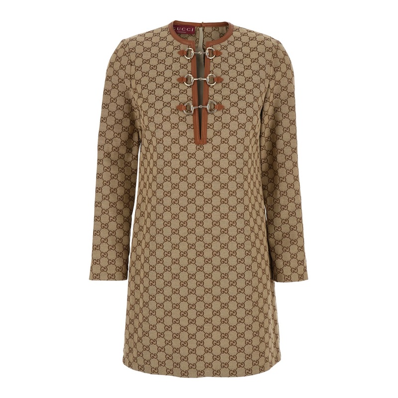 Beige Crewneck Mini Dress with Horsebit on the Front in GG Canvas Woman