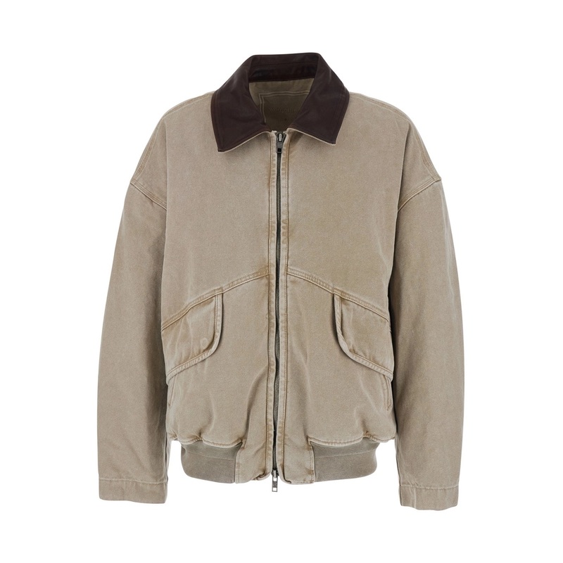 Beige Jacket with Contrasting Collar and Distressed Effect in Cotton Blend Man