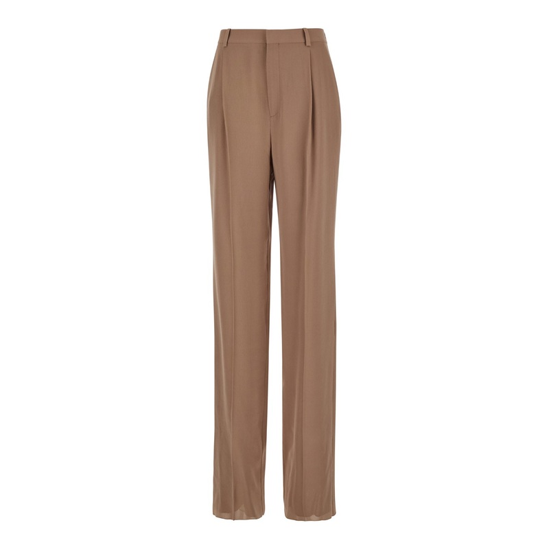Beige Pants with High Waist and Pences on the Front  in Silk Woman