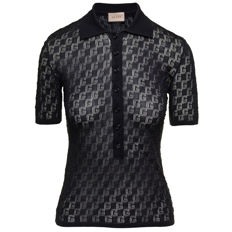 Black Polo Shirt with Button Closure and GG Motif in Cotton and Silk Blend Woman