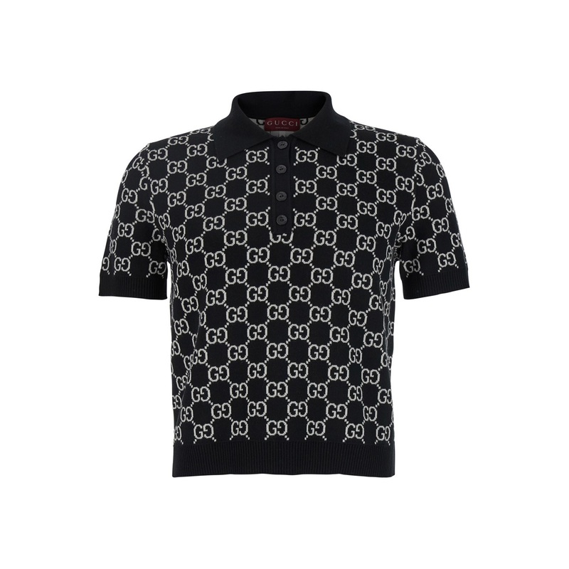 Black Polo Shirt with Ribbed Trims in GG Canvas Woman