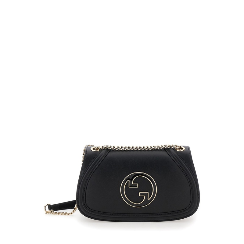 ‘Blondie Small’ Black Handbag with Metallic GG Crossover on the Front and Chain Shoulder Strap in Leather Woman