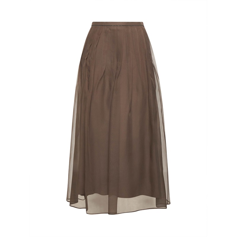 Brown Shiny Waistband Pleated Midi skirt