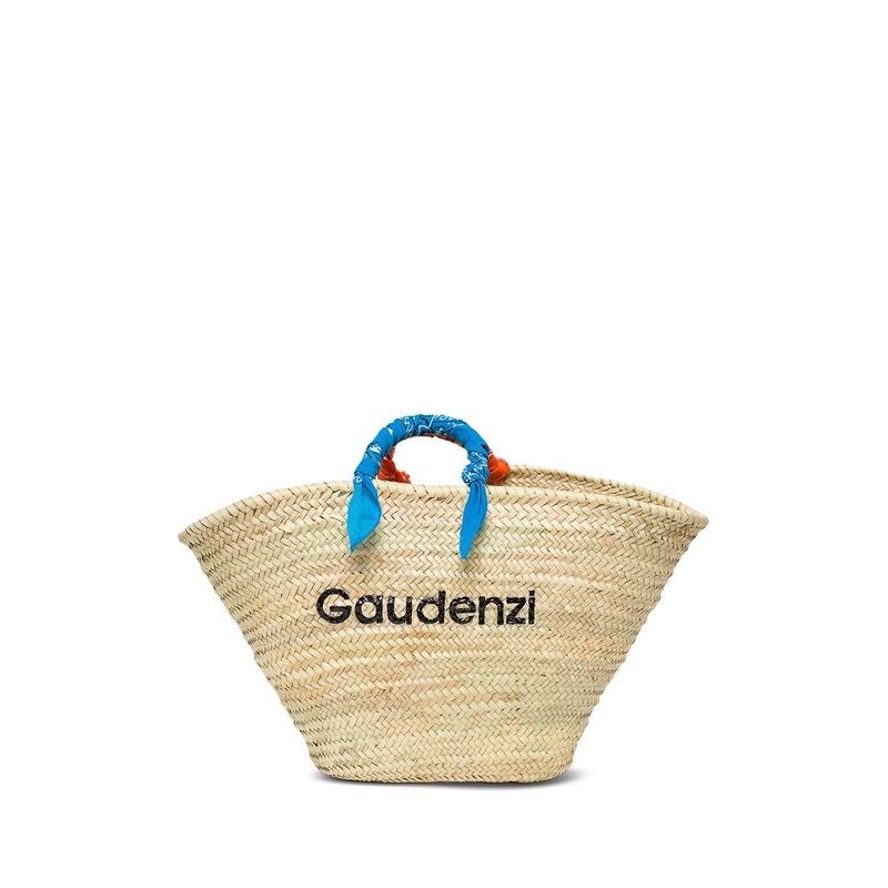 Gaudenzi Woman’s Straw Handbag with Rubber Logo and Bandana printed  Handles