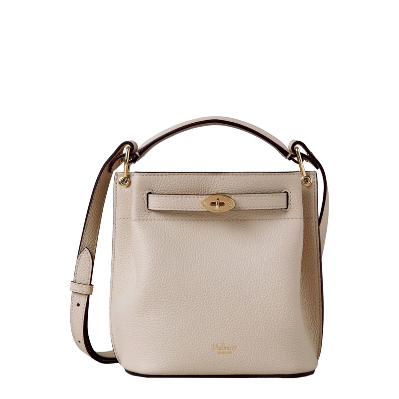 ‘Islington Mini’ Beige Bucket Bag with Turn-Lock Closure and Logo in Textured Leather Woman