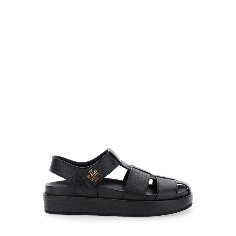 ‘Kira’ Black Sandals with Logo Plaque in Grained Leather Woman