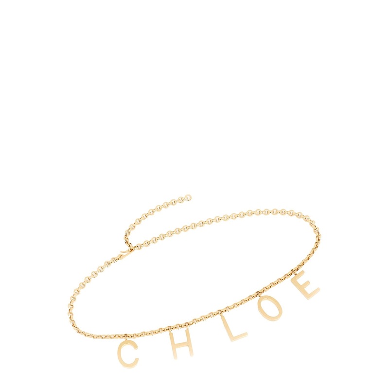 Metallic Belt with Adjustable Hook Closure and Logo Lettering Charm in Brass Woman