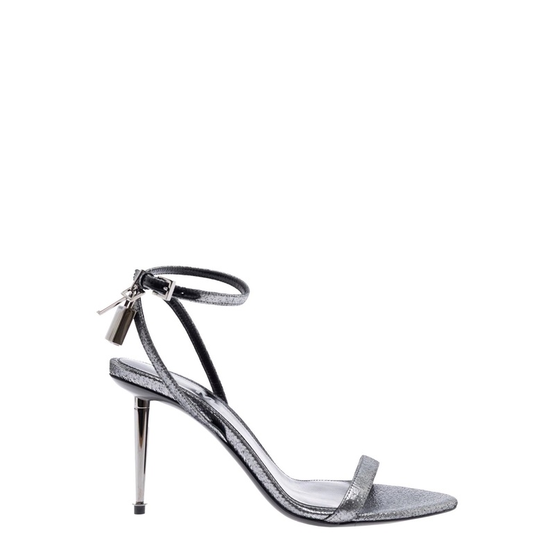 Metallic Sandals with High Stiletto Heel and Padlock Detail on the Ankle in Leather Woman