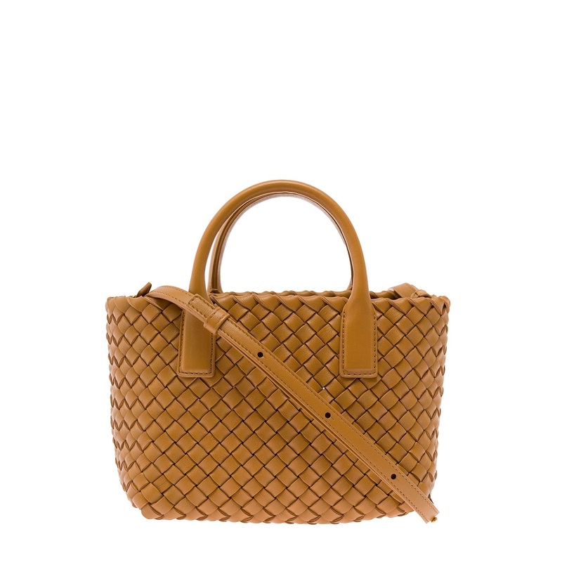 ‘Mini Cabat’ Caramel Intreccio Tote Bag with Shoulder Strap Leather Woman Bottega Veneta