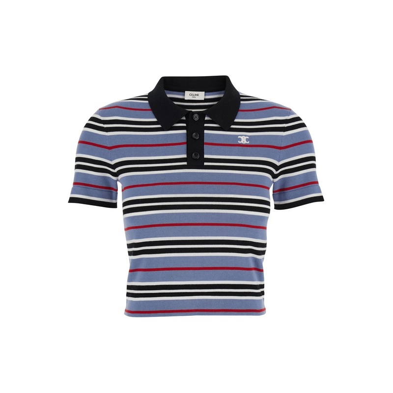 Multicolor Cropped Polo Shirt with Triomphe Embroidery on the Front and All-Over Striped Motif in Cotton Woman