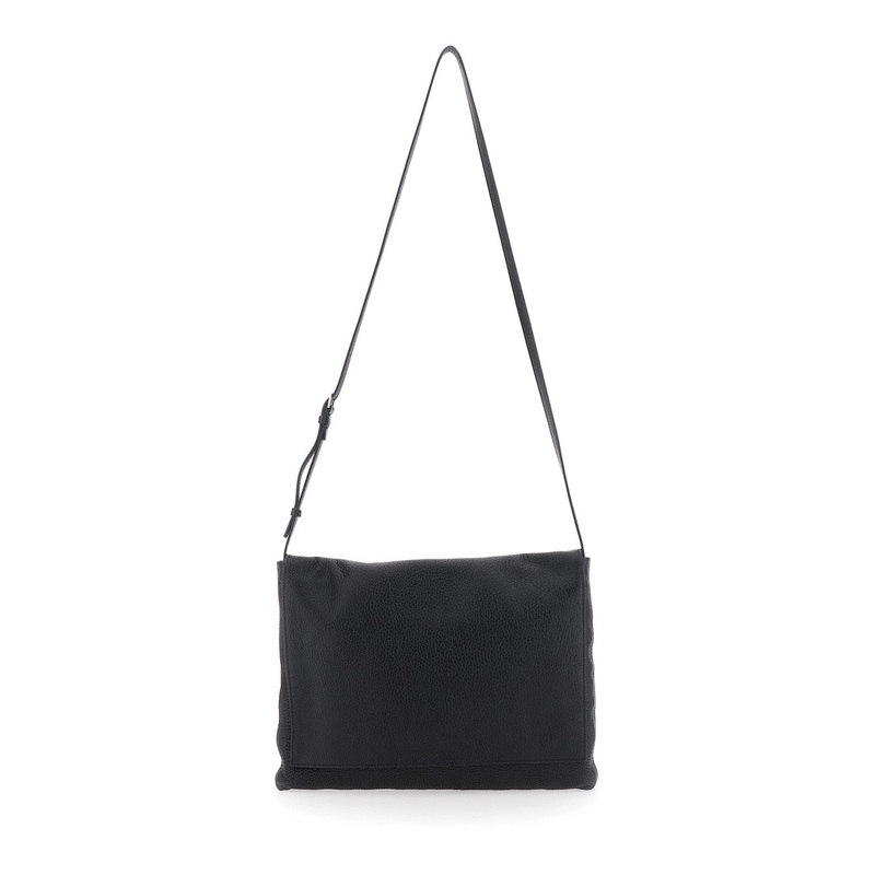 ‘Nan Messenger’ Black Crossbody Bag with Overlapping Front Flap in Leather Woman