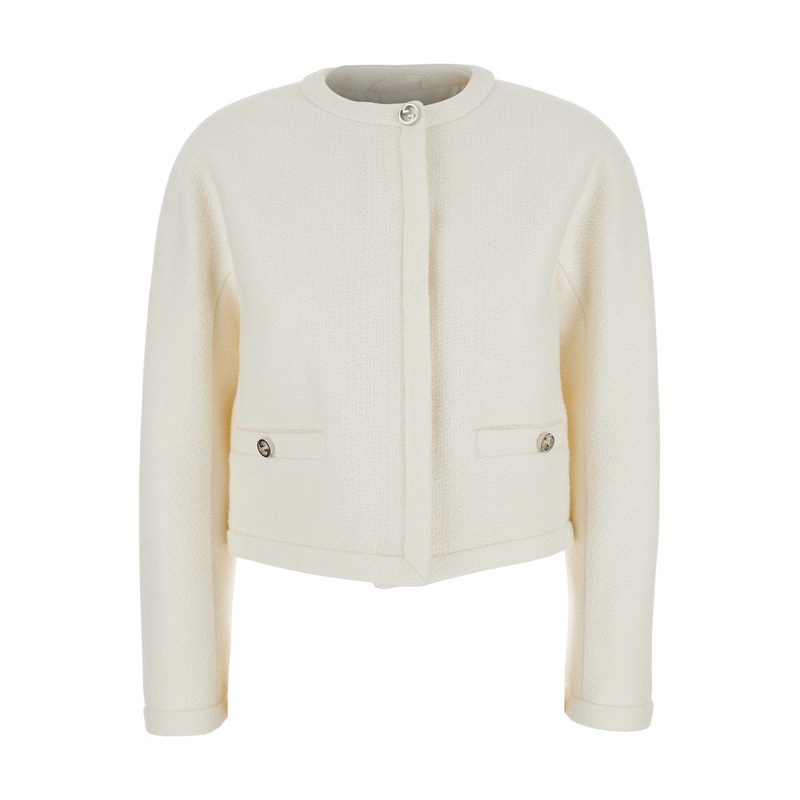 White Collarless Cropped Jacket with GG Logo Button in Boucl Wool Woman
