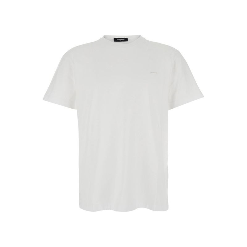 White Crewneck T-Shirt with Patch Logo on the Front in Cotton Man