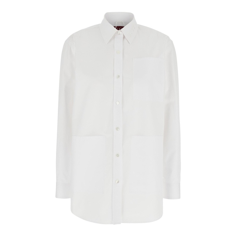 White Shirt with Tonal Logo Lettering Embroidery on the Collar in Cotton Woman