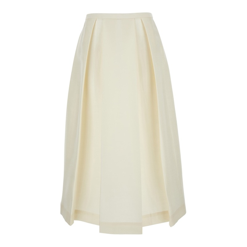 White Skirt with Cannon Pleats in Wool and Silk Blend Woman