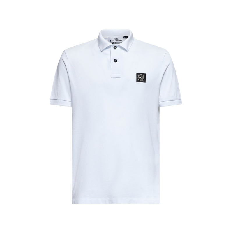 White stretch piqu logo patch polo shirt