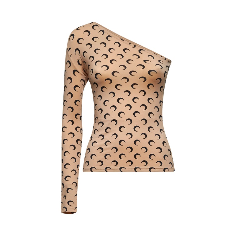 Beige Moon print jersey asymmetric top