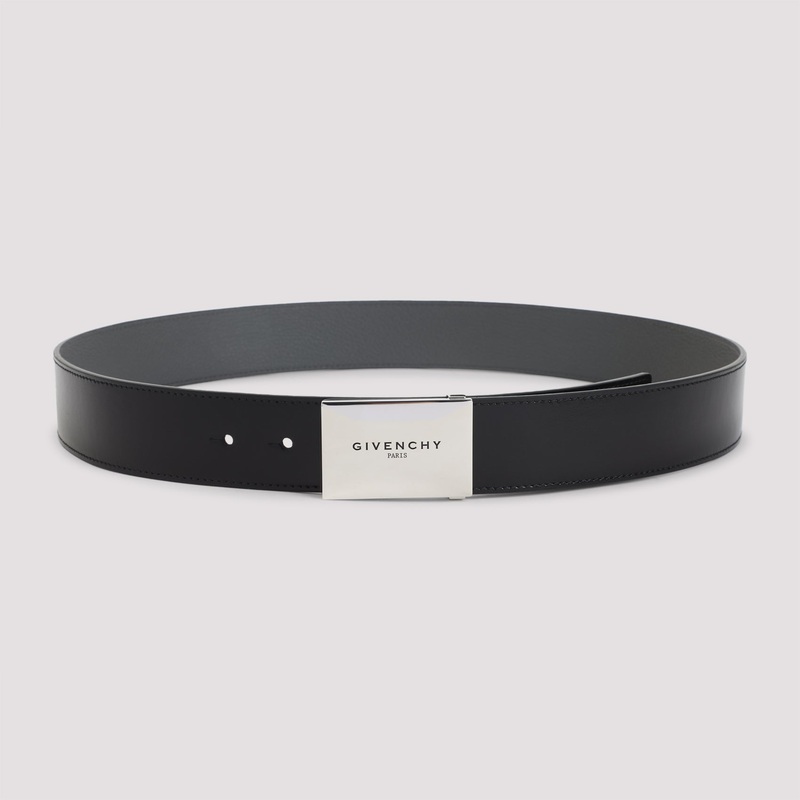 BLACK AND GREY METAL PLAQUE CALF LEATHER BELT