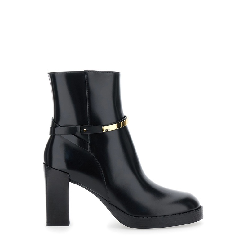 Black Ankle Boots with High Block Heel and Gold Metal Detail in Leather Woman