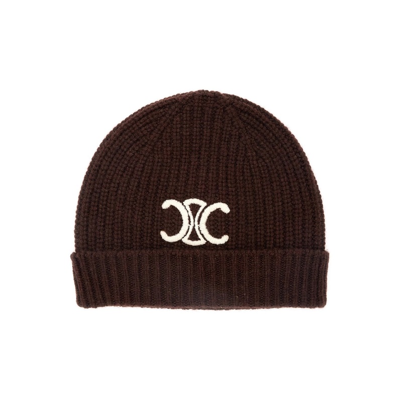 Brown Beanie with Triomphe Embroidery on the Front in Cashmere Woman