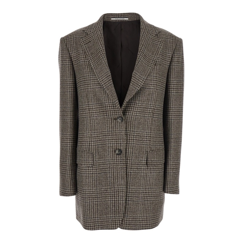 Brown Single-Breasted Jacket with Notched Revers and All-Over Check Motif in Wool Woman