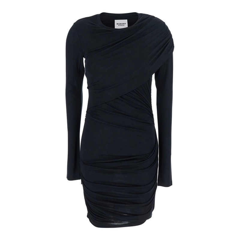 ‘Denise’ Black Dress with Round Neckline and Ruffle Design in Fabric woman