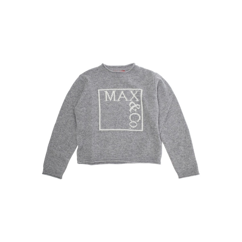 Grey Crew Neck Sweater with Front Logo Lettering in Wool Blend Girl