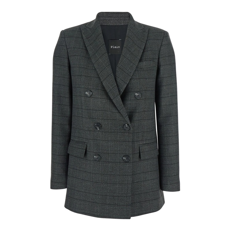 Grey Double-Breasted Jacket with Peak Revers and All-Over Striped Motif in Wool Woman