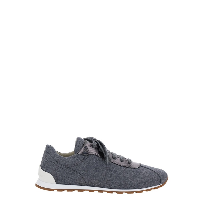 Grey LowTop Sneakers with Monil Detail on the Tongue and Contrasting Heel with Logo Lettering in Wool and Leather Woman