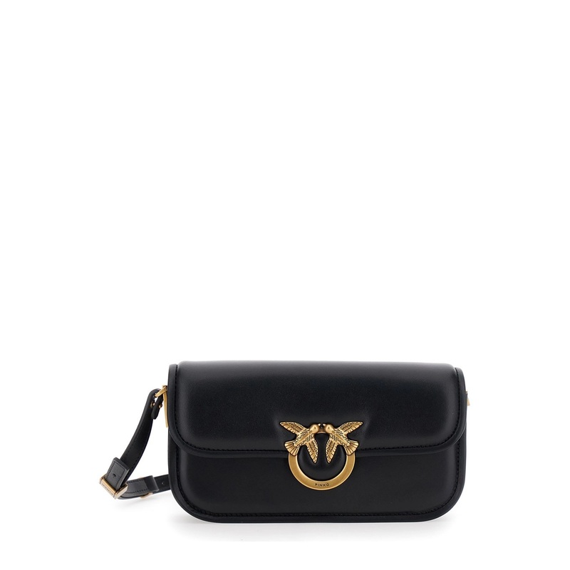 ‘Love Box Baguette’ Black Crossbody Bag with Love Birds Plaque on the Front in Leather Woman