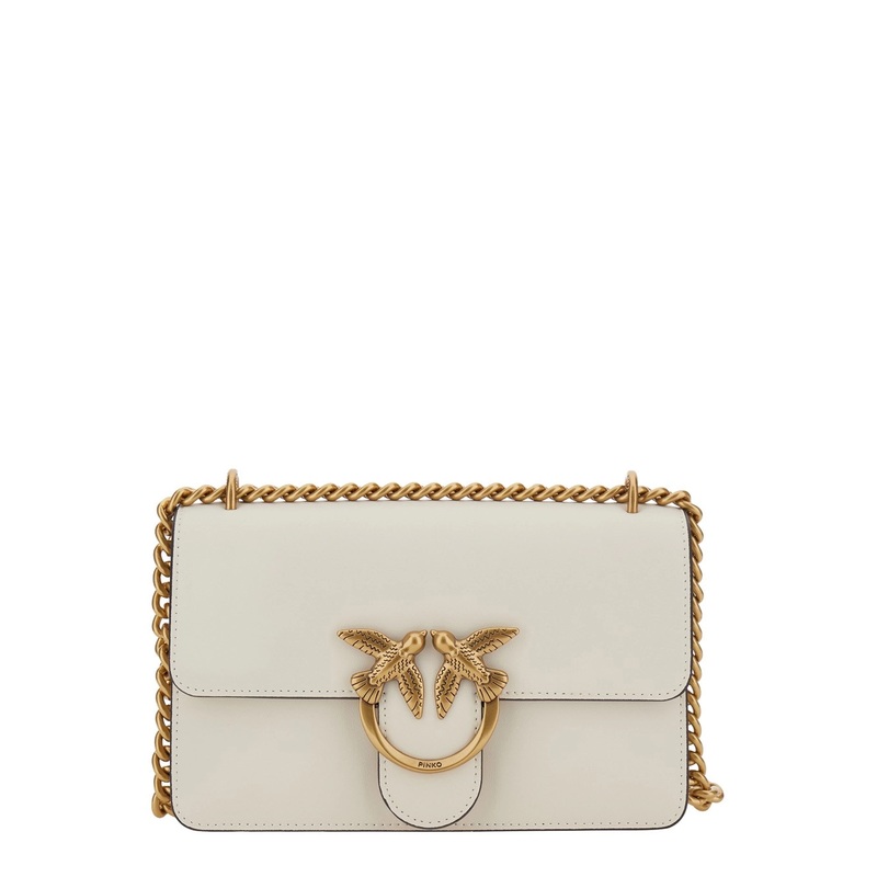 ‘Love One’ White Mini Bag with Chain-Link Shoulder Strap and Love Birds Diamond cut Plaque in Leather Woman