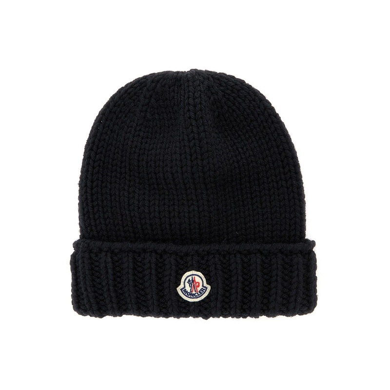 Black Cable Knit Beanie with Logo Patch in Wool Boy