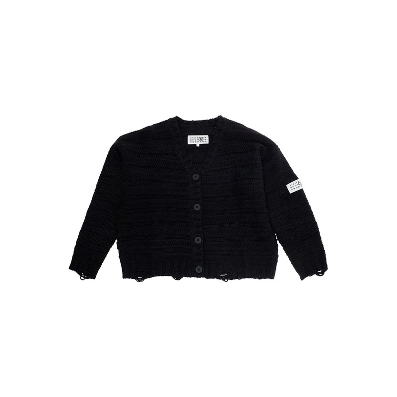 Black Cardigan with V Neck and Logo Patch on the Front in Wool Blend Boy
