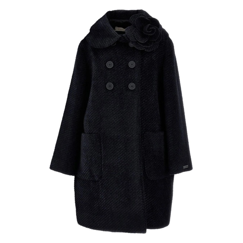 Black Coat with Floral Decorated in Fabric Girls