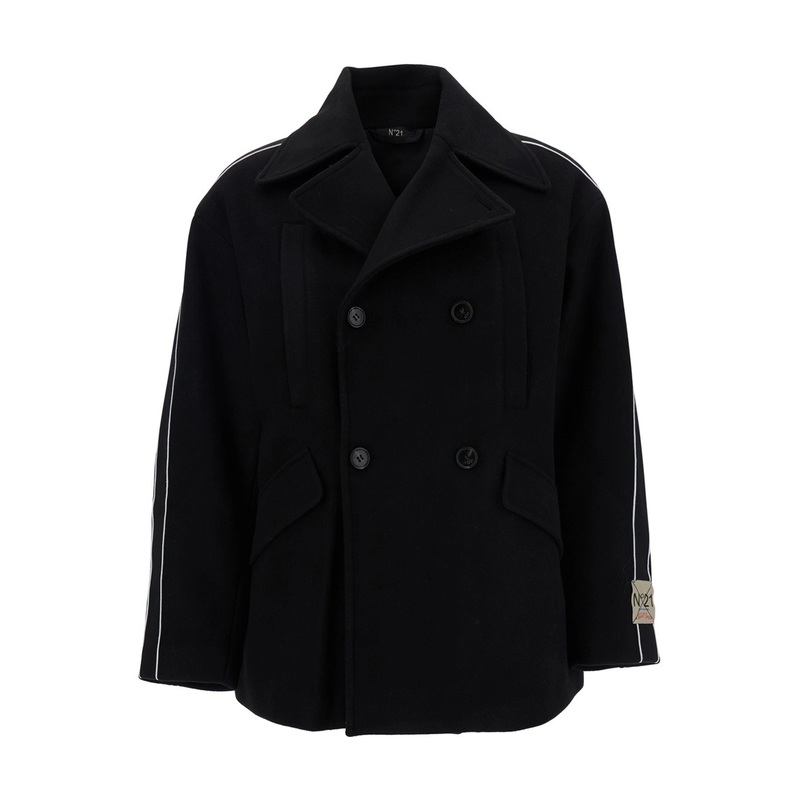 Black Double-Breasted Jacket with Wide Notched Revers and Logo Patch on the Sleeve in Wool Blend Boy
