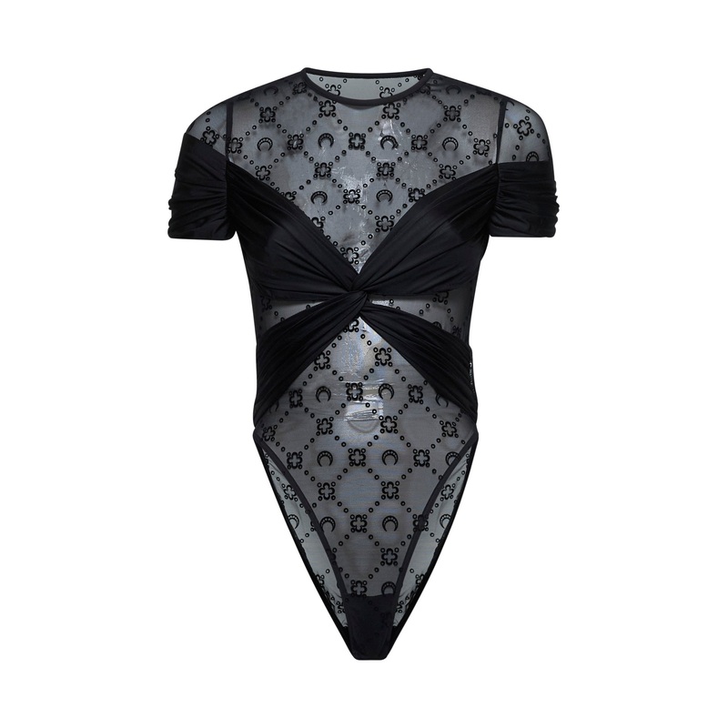 Black jersey and monogram mesh bodysuit