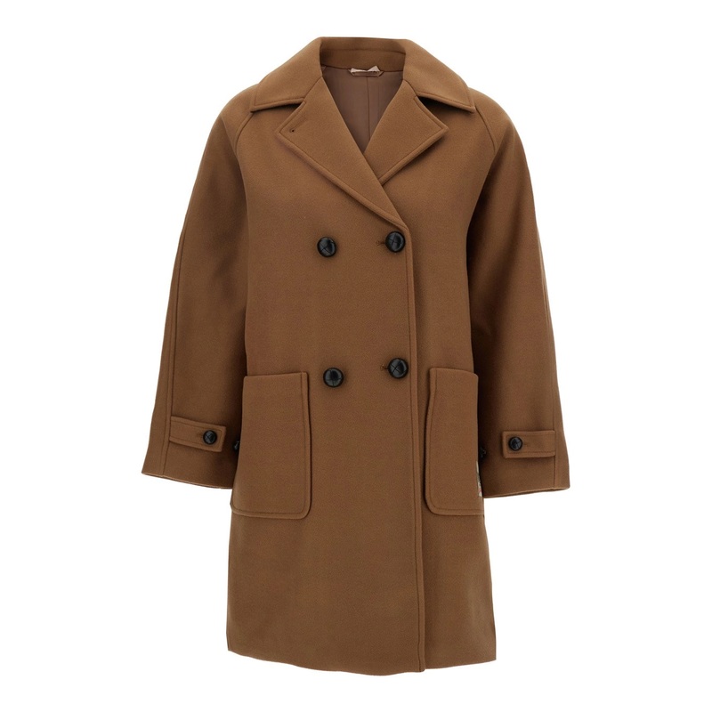 Brown Double-Breasted Jacket with Notched Revers and Logo Patch on the Front in Wool Blend Girl