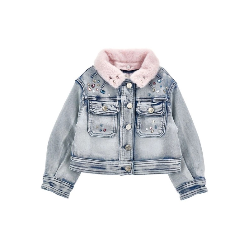 Grey Jacket with Faux Fur Collar and Back Embroidery in Cotton  Girl