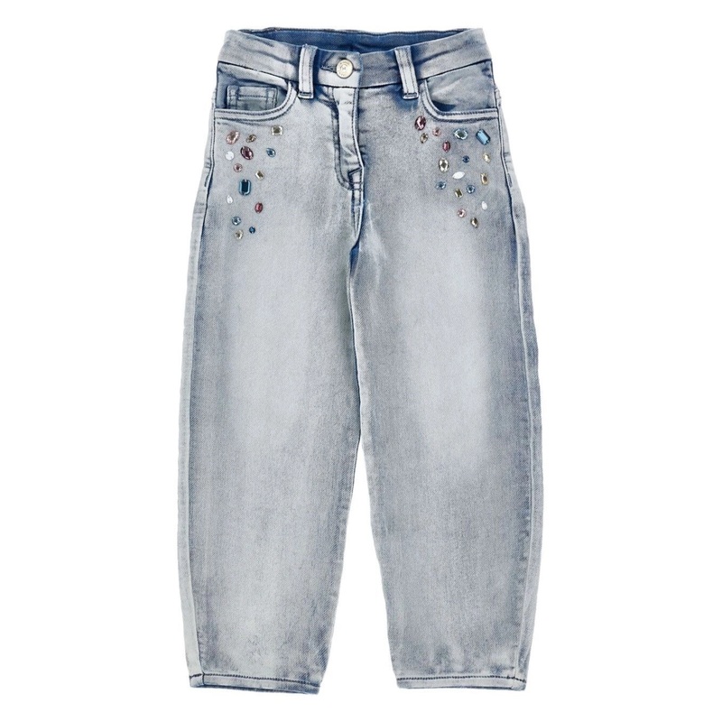 Grey Jeans with Crystal Appliques and Logo Patch on the Back in Cotton Girl