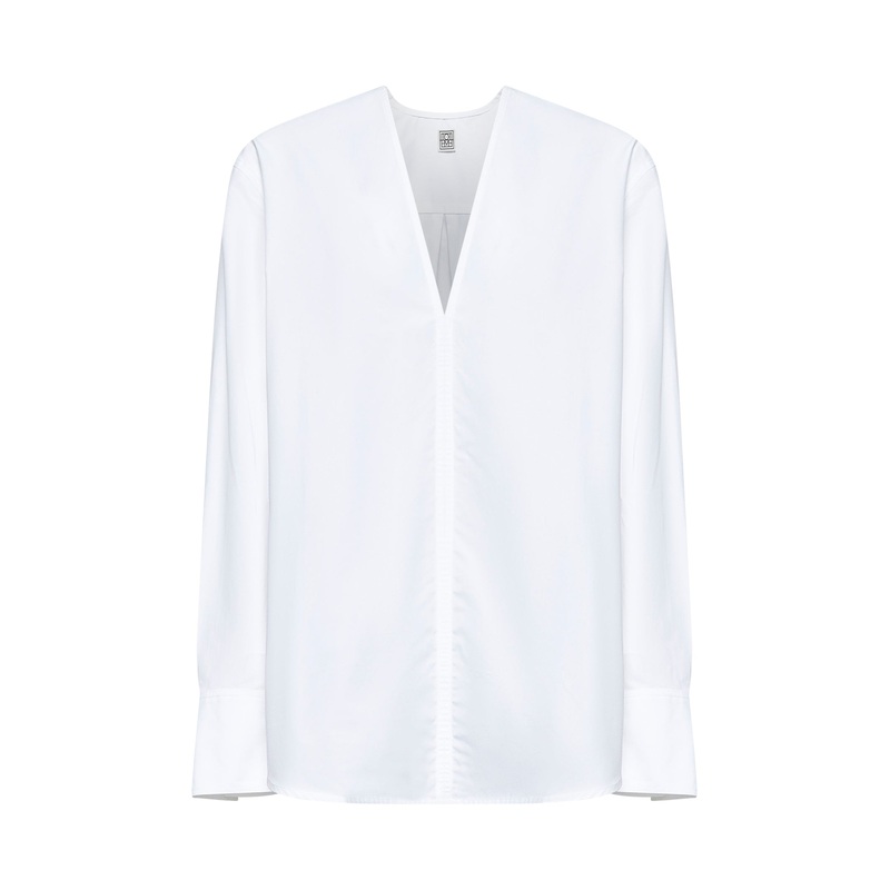 White V-neck poplin shirt|32|34|36|38