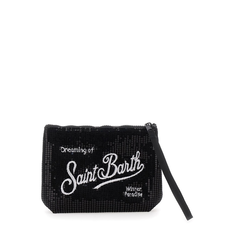 ‘Aline’ Black Clutch with All-Over Sequin Embellishments and Logo Lettering on Front and Rear in Fabric Girl