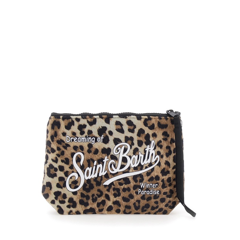 ‘Aline’ Brown Clutch with All-Over Leopard Motif and Logo Lettering on Front and Rear in Fabric Girl