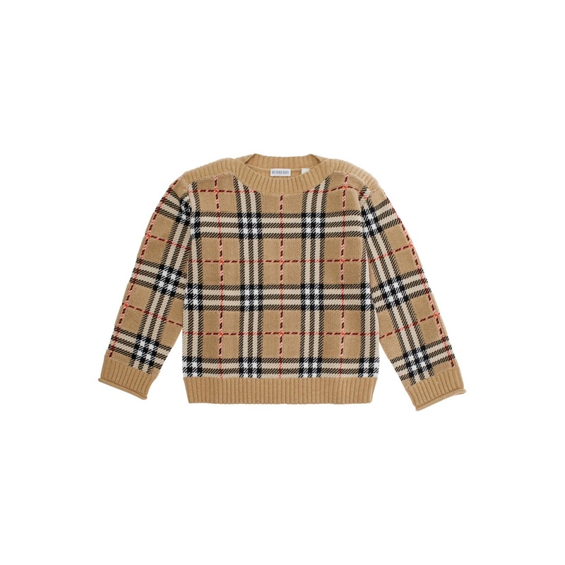 Beige Jumper with Check Pattern on the Front in Wool Boy
