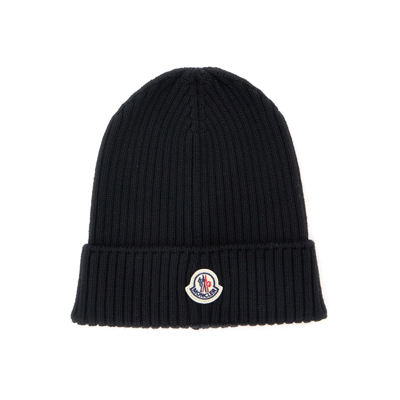 Black Beanie with Logo Patch on the Front and Turn-Up Brim in Wool Boy