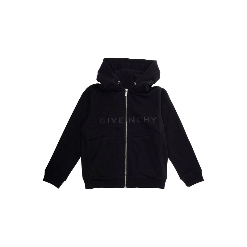 Black Cardigan with Fixed Hood and Logo Lettering in Cotton Boy
