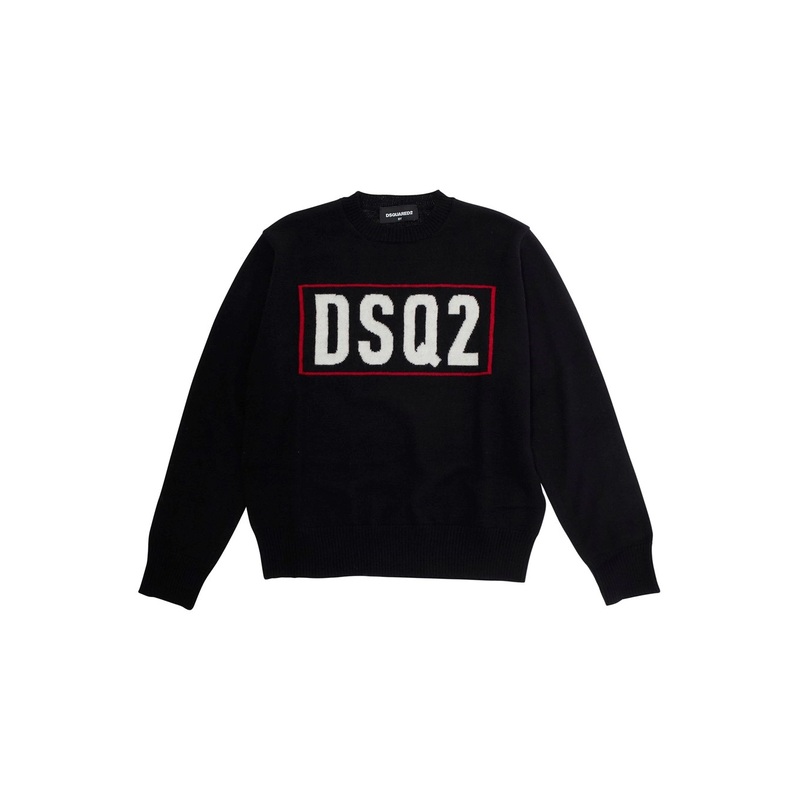 Black Crew Neck Sweater with Logo Lettering on the Front in Wool Boy