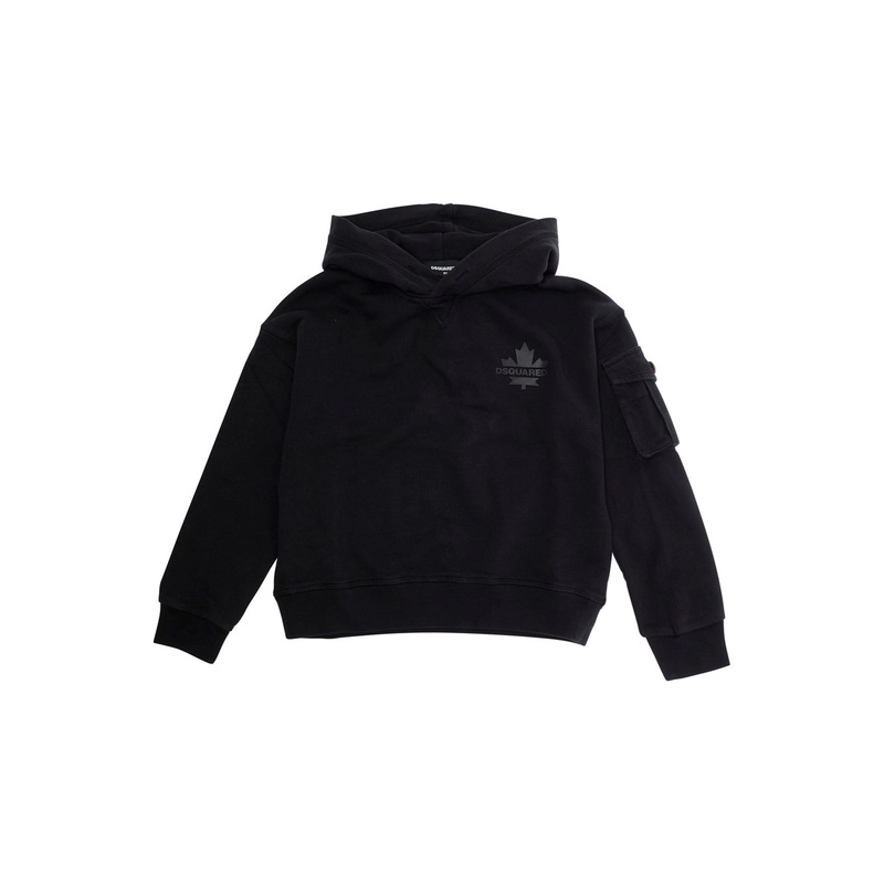 Black Hoodie with Fixed Hood and Logo on the Front in Cotton Boy