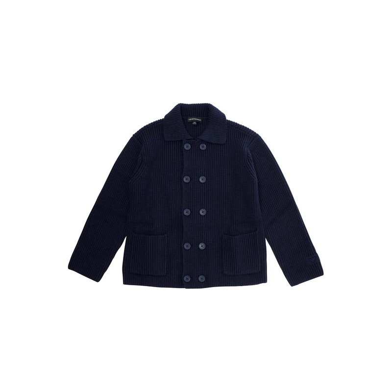 Blue Cardigan with Ribbed Design and Embroidered Logo on Front in Cotton Mix Boy