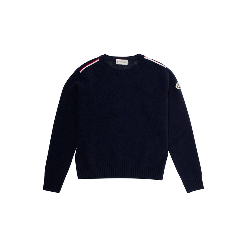 Blue Crewneck Sweater with PAtch Logo on Sleeve in Cotton Baby